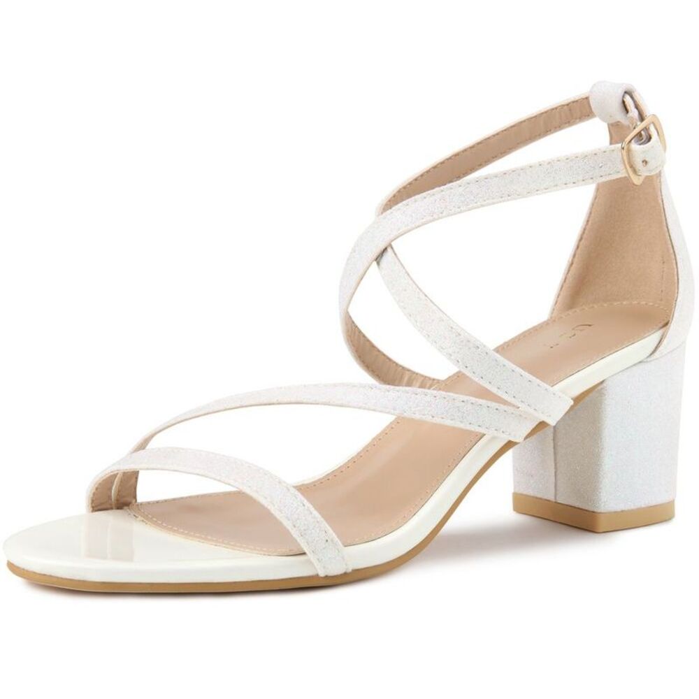 Allegra K Women's Glitter Open Toe Crisscross Chunky Sandals White 7.5